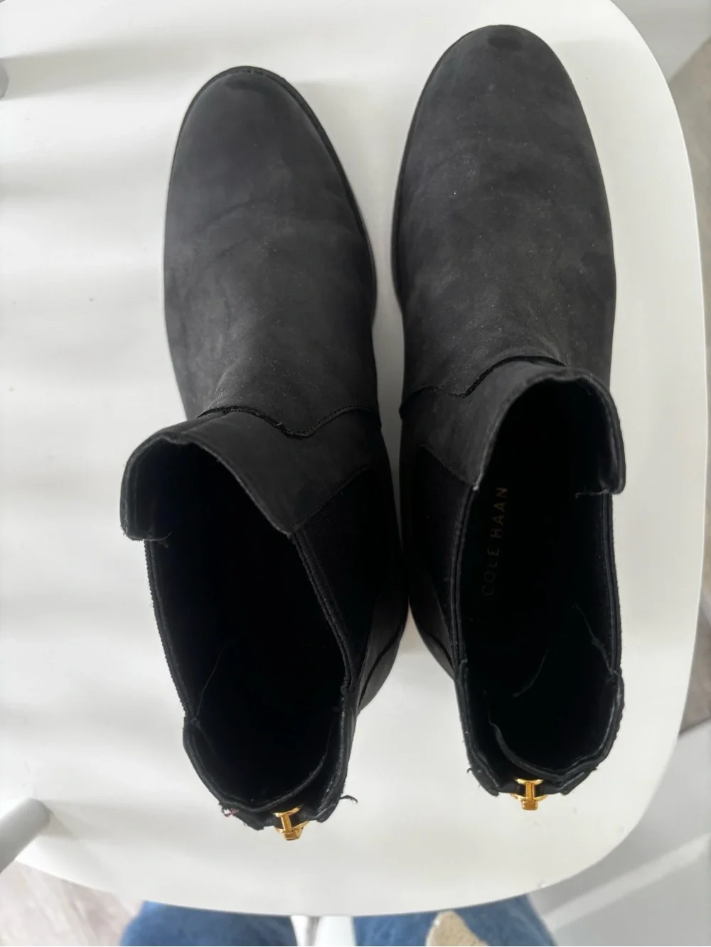 Cole Haan Black Chelsea Ankle Boots with Gold Back Zip